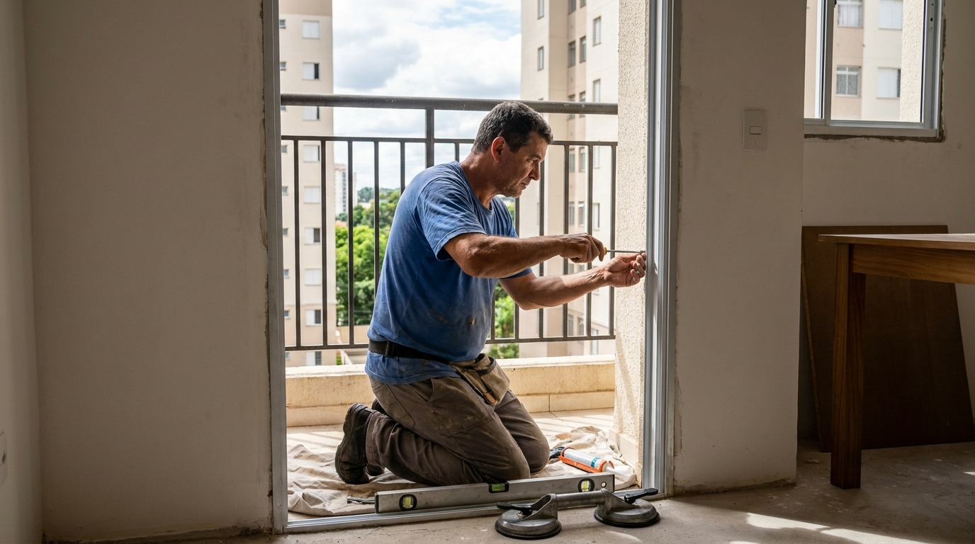 Janela de vidro em apartamento alto em Santa Maria-RS
