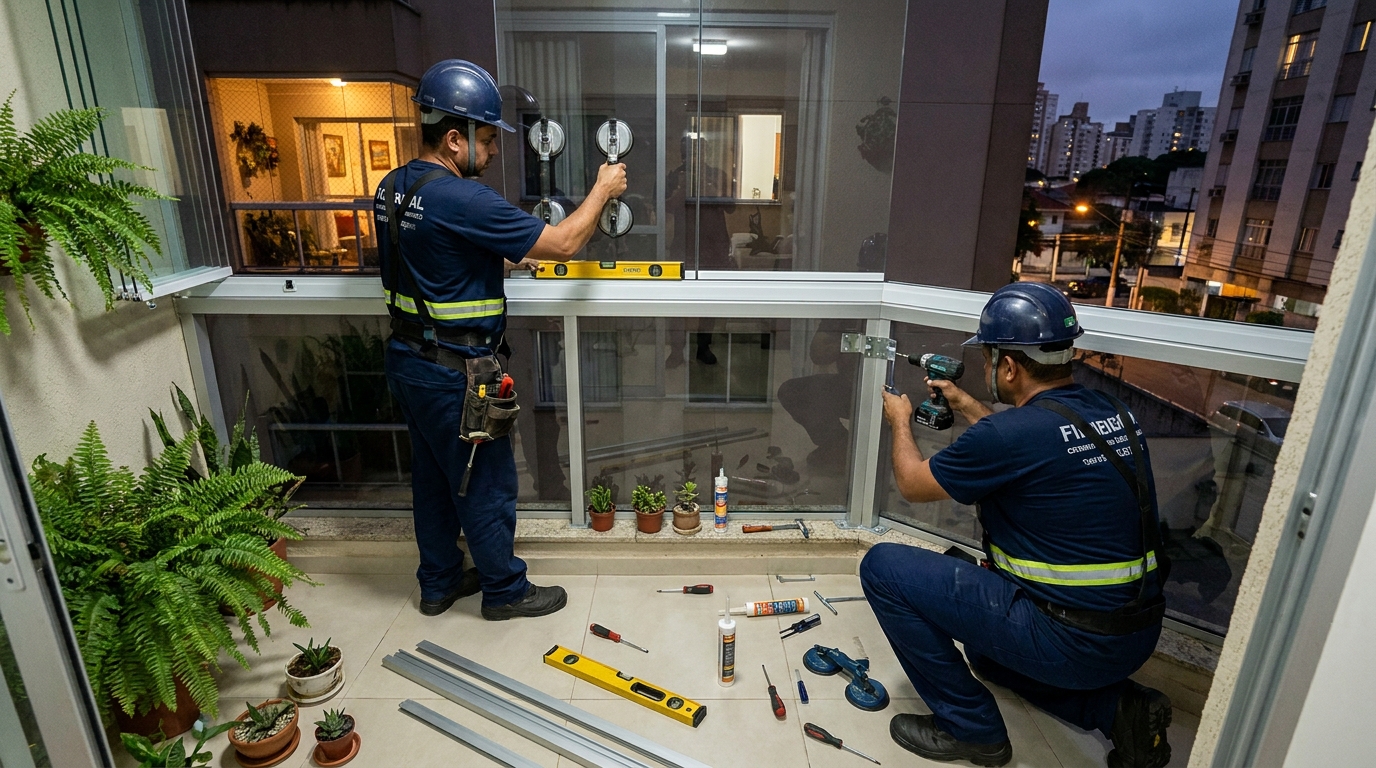 Instalação noturna de parede de vidro em Santa Maria-RS