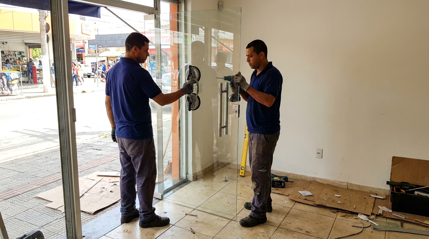 Porta de vidro de loja em rua movimentada em Santa Maria-RS