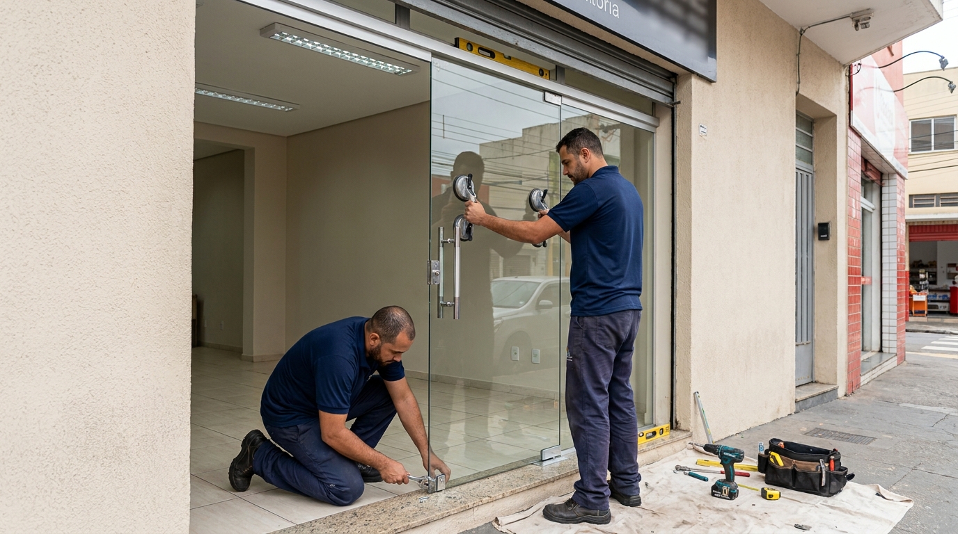 Porta de vidro com puxador inox em Santa Maria-RS